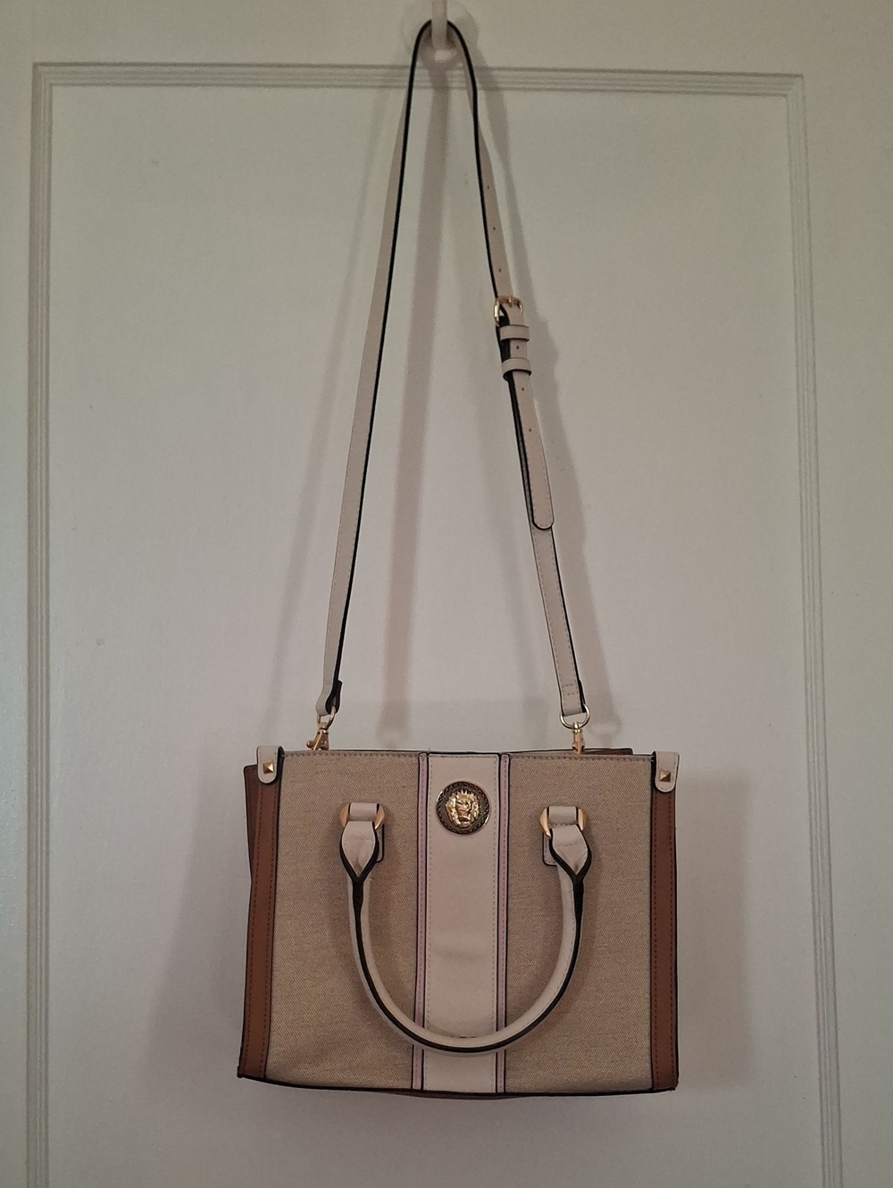 Aldo Beige and Brown Satchel with Gold Emblem